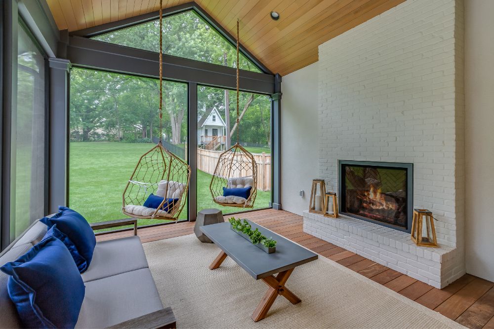 Sunroom Addition with Brick Fireplace